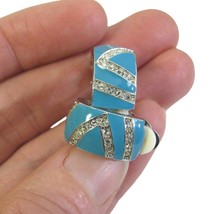 Vintage Half Hoop Blue Enamel Rhinestone Clip On Earrings Silver - £14.82 GBP