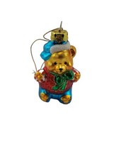 Christmas Glass Golden Bear Teddy Ornament with Blue Santa Hat Holiday  - £5.94 GBP