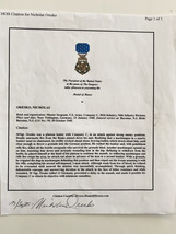 WWII Nicholas Oresko Signed Medal Of Honor Citation - £39.50 GBP