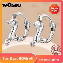 Real 925 Sterling Silver Cute Cat Stud Earrings For Women Fine Jewelry Party Gif - £9.56 GBP