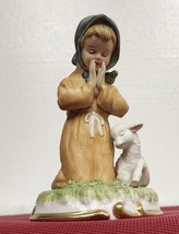 Lefton China Bisque Porcelain Hand Painted Girl Praying Figurine Lamb Blue Bird - £7.58 GBP