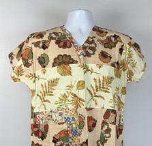 Thanksgiving Themed Scrub Shirt Womens Small Cotton Blend Turkey Patchwork - £15.36 GBP