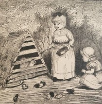 1872 Hen and Chicks Little Girls On Farm Victorian Art Print Antique Ephemera - £15.71 GBP