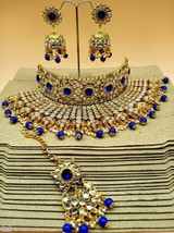 Bollywood Kundan Bridal Choker Necklace Set Jewelry Ad CZ Polki Blue Wedding - £44.07 GBP