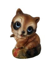 Vtg Porcelain Ceramic Baby Raccoon Animated 5&quot;t x 4&quot; Figurine Red Flowers Japan - £7.06 GBP