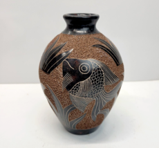 Handmade Etched Art Pottery Vase Nicaragua Incised Fish Design Central A... - $29.99