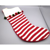 Vintage Knit and Felt Christmas Stocking with Pom Pom Edging and Whimsical Strip - £30.16 GBP