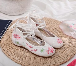 Women Ankle Strap Cotton Fabric Ballet Flats Flowers Embroidered Ladies Casual C - £21.70 GBP