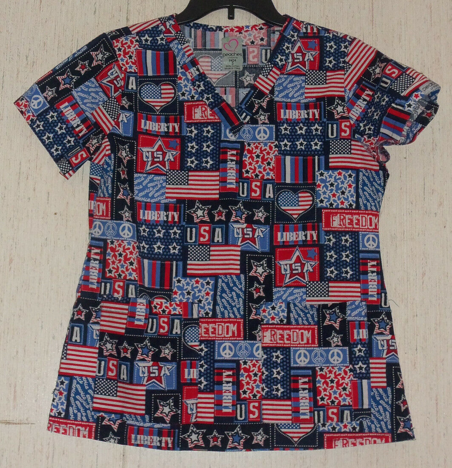 Primary image for EXCELLENT WOMENS peaches uniforms PATRIOTIC NOVELTY PRINT SCRUBS TOP  SIZE S