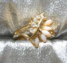 Elegant 5 Opal &amp; Crystal Rhinestone Gold-tone Ring 1970s vintage   size 7 - £11.72 GBP