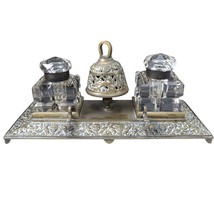 c1890 Hotel Inkwell with Bell Pen rest, and two large crystal inkwells. - $420.75