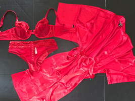 Victoria&#39;s Secret Nicht Gefüttert 34DD Bh Set +Höschen+ Robe Kimono Rot Bestickt - £99.68 GBP