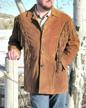 Men&#39;s Brown Color Western Style Suede Vintage Leather Fringed Handmade Jacket - £123.54 GBP