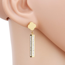 Gold Tone Clover Earrings With Embedded Swarovski Style Crystal Dangling Bar - £23.24 GBP
