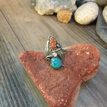 Vintage Turquoise &amp; Coral Sterling Ring 8 - £99.91 GBP