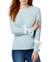 KENSIE Aqua Blue White Tie Sleeve Ribbed Knit Chiffon-Back Shirt Top SMALL - £23.17 GBP