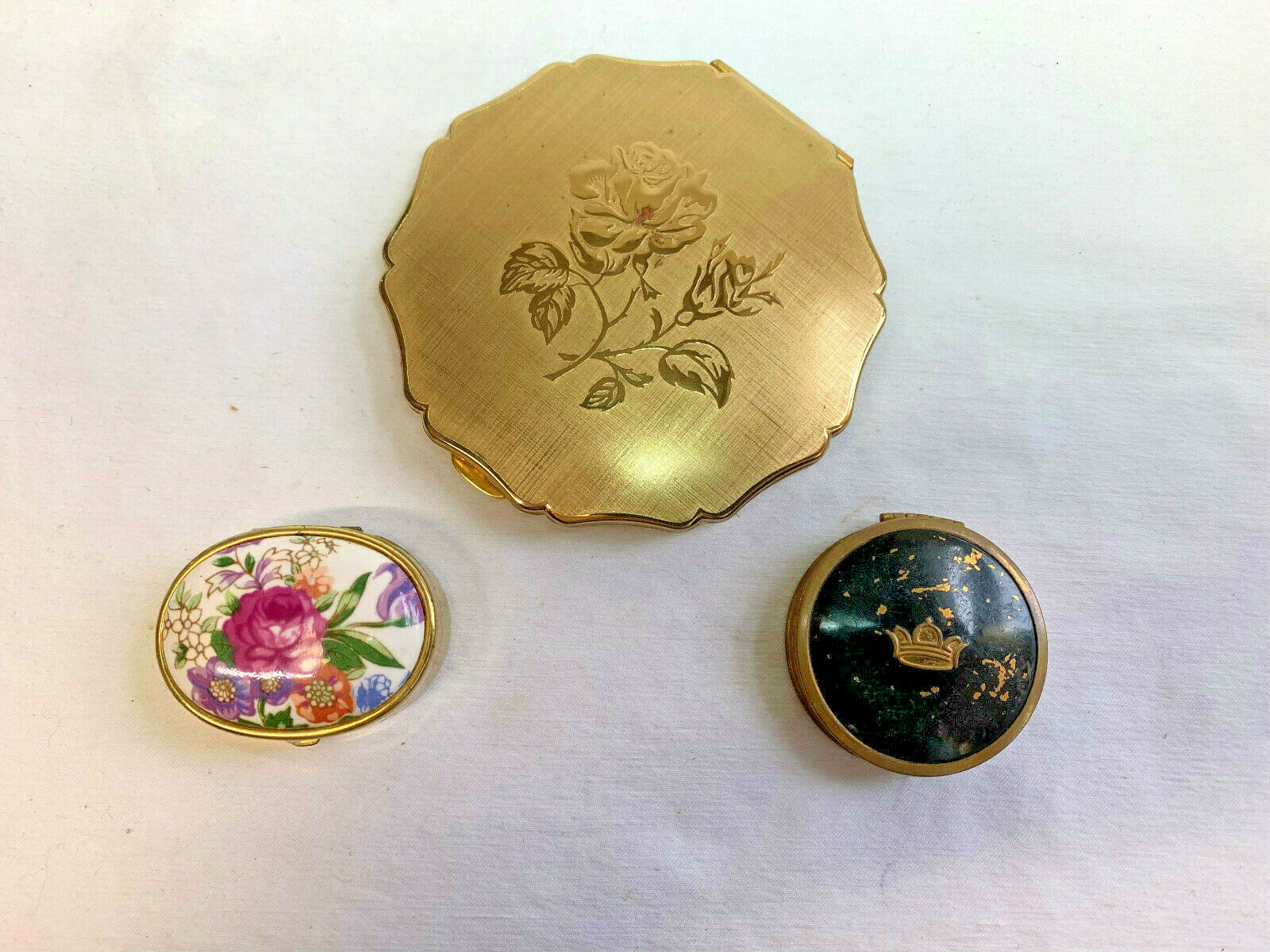 Mixed Lot of 3 Compacts Trinket Pill Box Rose Floral Goldtone Stratton Tussy - $29.95