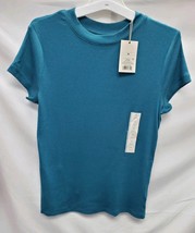 Women's Medium Teal Short Sleeve Slim Fit Ribbed T-Shirt image 2