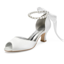 Mid Heels Satin Wedding Bridal Shoes Women Peep Toe Heeled Ankle Buckle Strap Pr - £76.28 GBP
