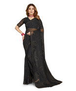 Designer Black Hot Fix Siroski Stone Work Sari Simmer Silk Party Wear Saree - $69.95