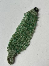 Wide Multistrand Tiny Iridescent Green Bead Slightly Stretchy Crocheted Bracelet - £14.80 GBP