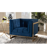 Herald Royal Blue Velvet Fabric Button Tufted Armchair w/Gold-Tone Frame - $1,125.42 CAD