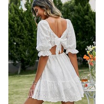 Women Cotton Lace Up Hollow Out Summer White Dress Women Holiday Casual High Wai - £51.04 GBP
