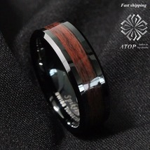 8mm Men&#39;s Tungsten Carbide ring Red Wood Inlay Black Plat Wedding Band Ring  - £28.13 GBP