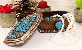 Southwest Boho Chic Navajo Vector Motif Turquoise Gems Decorative Jewelry Box - £17.25 GBP