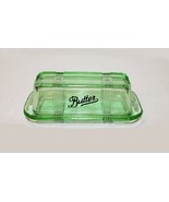 Green Glass Butter Dish Script Printed Embossed Stick Depression Retro S... - £19.18 GBP