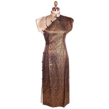 Vintage 1950s Metallic Cheongsam Quipao Copper Brown Damask Dress 34-28-37 - $124.74