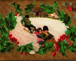 Holly Border Children Sledding Scene Best Christmas Joys Embossed 1909 P... - $7.87