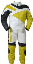 Men Black White Yellow Motorcycle Jacket Pant Real Leather Suit With Safety Pads - £238.70 GBP