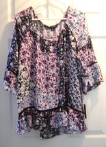  Women&#39;s Size XL Patchwork Look Tunic 3/4 Sleeve Blouse Black Purple NWT - £19.73 GBP