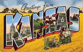 Greetings From Kansas Tractor Harvest Large Letter linen postcard - £5.13 GBP