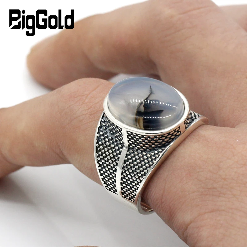 Real Silver 925 Sterling Silver Men&#39;s Ring Big Natural Onyx Vintage Punk Thai Si - £46.38 GBP