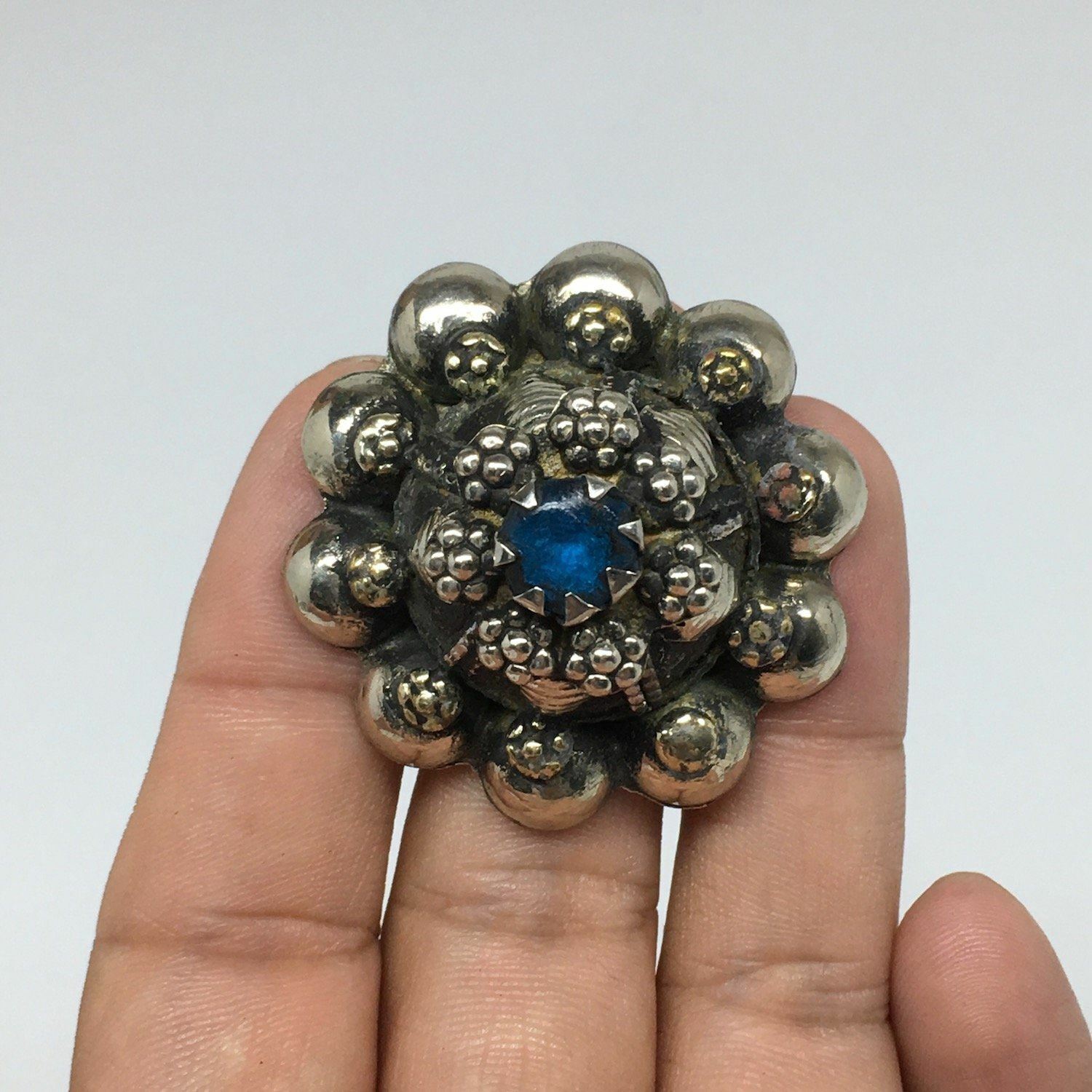 Primary image for 1.6"Antique Tribal Turkmen Kuchi Ring Round Blue Glass Plastic Boho,8,TR217