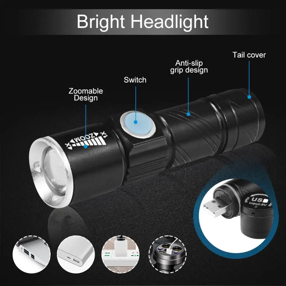 Portable Led Flashlight Mini Torch Lanterna Tactical Flashlights USB Charged - £5.63 GBP+