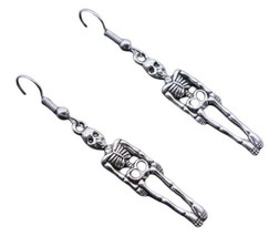 Halloween Skeleton Earrings Dangling Metal Skull Jewelry Goth Silver Fall Spooky - £8.78 GBP