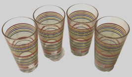 $20 Fiesta Stripes Rings Clear Drinking Pink Yellow Blue Glasses Set 4 Vintage - £14.53 GBP