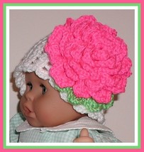 White Baby Hat Photo Prop Huge Hot Pink Rose Flower Lime Green - £15.80 GBP