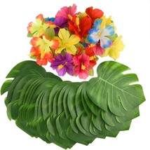 88 Pcs.20Cm/8&quot; Tropical Palm Leaves And Silk Hibiscus Flowers Party Decor, - £30.45 GBP