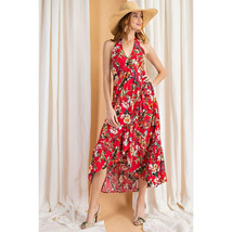  Floral Red Dress Halter Neck   Hi-Lo Open Back Ruffle Hem Maxi - £44.75 GBP