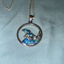 24” Necklace W/ Pendant 1” Round W/ Blue Sparkle Waves &amp; Dolphin - £4.82 GBP