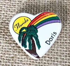 Vintage 80s Florida Rainbow Palm Tree Heart Name Doris Ceramic Lapel Pin - £3.70 GBP