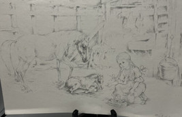 Art Drawing Ellen A. Nelson Signed Young Girl Tending New Foal 17.5 x 12 In - $18.66