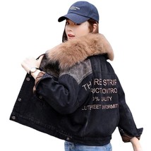 Winter Denim Jacket Women Fashion Faux Rabbit Jeans Jacket Coat with Warm Lining - £57.04 GBP
