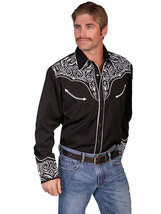Men&#39;s Western Shirt Long Sleeve Rockabilly Country Cowboy Blk White Embroidery - £70.27 GBP