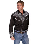 Men&#39;s Western Shirt Long Sleeve Rockabilly Country Cowboy Blk White Embr... - £69.59 GBP