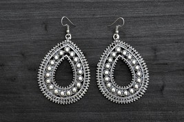 Silver Ethnic Drop Earrings, Extra Large Size, Filigree Work, Gypsy Soul Jewelry - £14.37 GBP